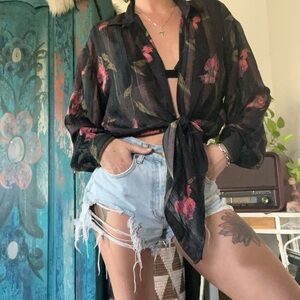 Floral Black Sheer vintage silk Women's Top